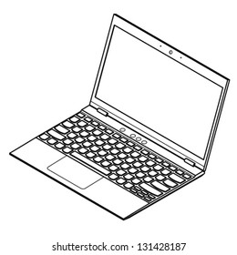 Line-art detailed isometric drawing of an ultra thin and light laptop computer. Expanded paths. No fills.