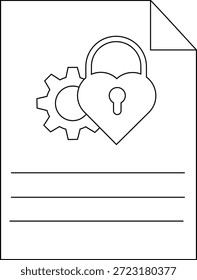 Um desenho linear de um documento uma fechadura em forma de coração e uma engrenagem sobre fundo branco