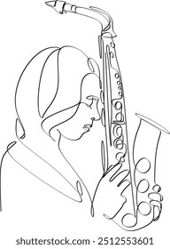 Lineart drawing of a girl with a saxophone. Vector illustration no artificial intelligence. Music art