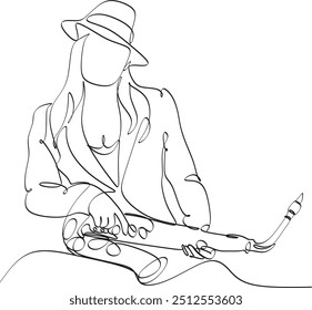 Lineart drawing of a girl with a saxophone. Vector illustration no artificial intelligence. Music art