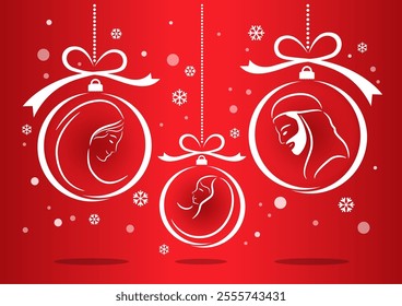 Lineart of drawing of Virgin Mary, Joseph and Baby Jesus icons on the ball. Christmas celebration