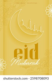 lineart eid mubarak yellow cad with mosque and moon vector