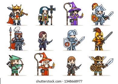 Lineart Fantasy Set Rpg Game Heroes Character Icons Vector Flat Design Vector Illustration