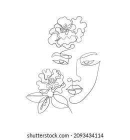 Lineart Female Face. Asian Women Drawn In One Line, Camellia Flowers Boho Style For Business, Invitations, Price Lists And Cards