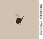 Lineart of female hands flipping through a book. Trend hand drawn abstract minimalism style. Vector illustration. Black isolate on a beige background