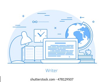 Lineart Flat copywriting writer service website hero image vector illustration. Digital services tools and technology concept. Laptop, book, text editor software interface.