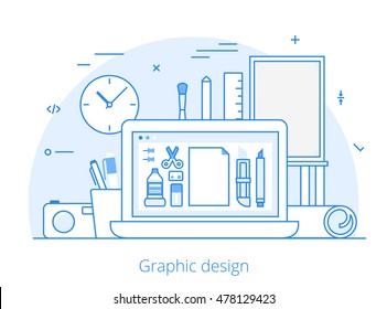 Lineart Flat graphic design website hero image vector illustration. Digital art tools and technology concept. Laptop, digitizer, ruler, camera, graphics editing software interface.