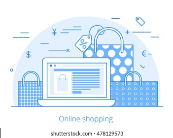 Lineart Flat site de compras on-line herói imagem imagem vetorial ilustração. Comércio eletrônico negócio, venda e conceito de consumismo. Laptop com interface de carrinho na tela e bolsas no fundo.