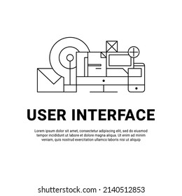 Lineart flat UIUX Interface Design Website Image Illustration. User experience, design and testing of applications and software. Laptop, compucter, phone