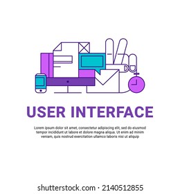 Lineart flat UIUX Interface Design Website Image Illustration. User experience, design and testing of applications and software. Laptop, compucter, phone