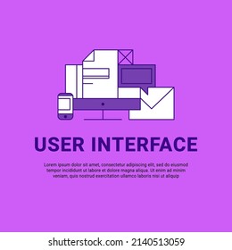 Lineart flat UIUX Interface design website image illustration. User experience, design and testing of applications and software. Laptop, compucter, phone