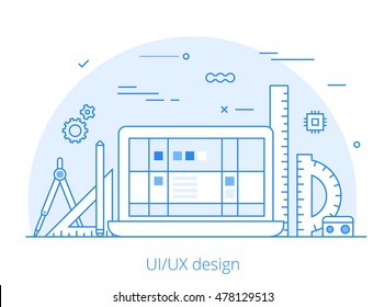 Lineart Flat UI/UX interface design web site hero image vector illustration. User experience, projecting and testing app and software concept. Laptop, digitizer, rulers and wireframe