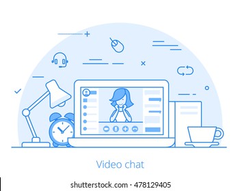 Lineart Flat video chat conference website hero image vector illustration. Communication technology and software concept. Laptop with videochat interface active session on screen.