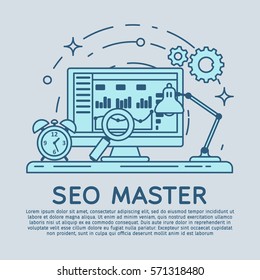 Lineart flat visitor analytics website banner. Website development, search engine optimization. Web analytics elements and marketing. Workplace expert in SEO and SMM. Stroke lines vector illustration