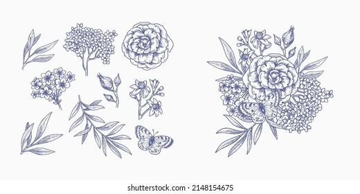 Lineart floral elements collection. Spring floral composition