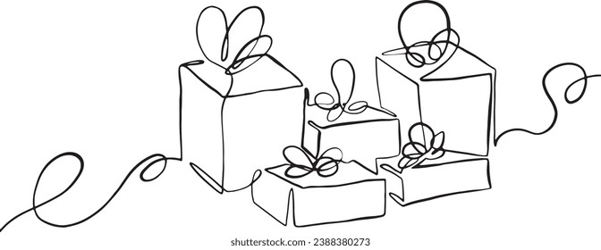 Lineart gifts handmade in ink.Clipart concept continuous line simple sign or label for modern design.Flat stroke for holiday,new year,valentine,christmas isolated on white background.Banner,poster,etc