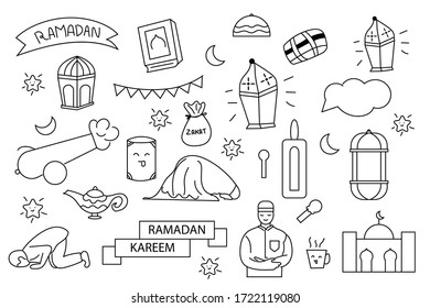 Lineart Hand drawn doodle ramadan vector illustration design. muslim doodle isolated on white background