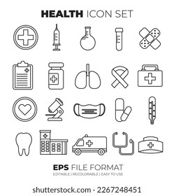 Lineart Health Icon Set Collection. Vector Elements and Isolated With White Background. Suitable for Heath design, poster or flayer.