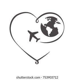 Line-art Heart With Globe And Plane. Love To Travel.