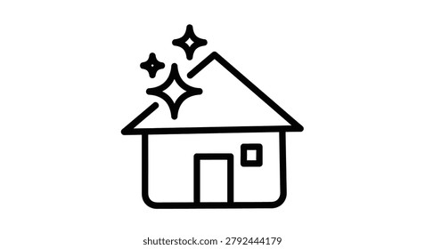 Line-art house icon with a window and sparkles appearing above the roof, symbolizing a clean exterior or a newly renovated property.