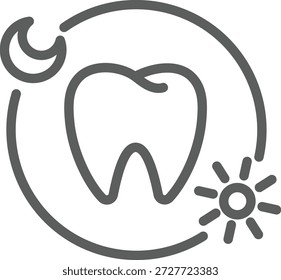 A line-art icon featuring a central tooth surrounded by a circular path with a crescent moon and a sun, representing a twice-daily brushing and oral hygiene routine.