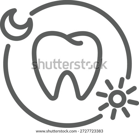 A line-art icon featuring a central tooth surrounded by a circular path with a crescent moon and a sun, representing a twice-daily brushing and oral hygiene routine.