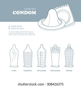 Lineart icons of condoms with different surface