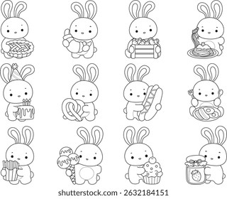 Lineart da ilustração de ícone bonito coelho.
Contorno de Coelho engraçado em elementos de atividades diárias.
esboço da variação coelho na junk food e comida de rua
