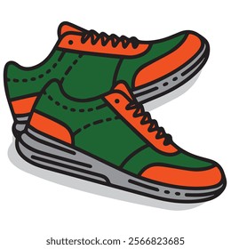 Lineart illustration of a pair of green and orange shoes with clean, minimalist strokes. Perfect for fashion themes, branding, or creative projects. High-quality and versatile digital artwork.