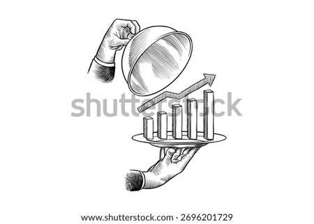 lineart illustration of a waiter's hand opening a serving containing a sales graph