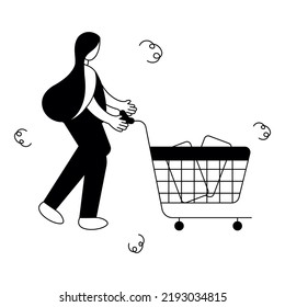 Lineart Illustration of a Woman with Shopping Cart, Business Concept.