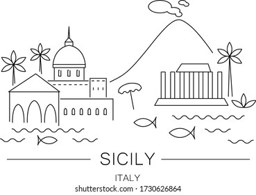 a lineart image of sicily skyline. Landmark Sicily Italia.