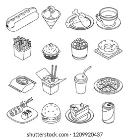 Lineart Isometric Fast Food Set Icons Design Vector Illustration