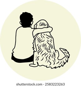 Lineart of a kid hugging his dog pet