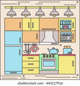 Lineart kitchen illustration. Room modern trendy interior 