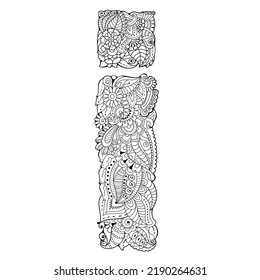 Lineart letter I in floral zentangle adult coloring book style