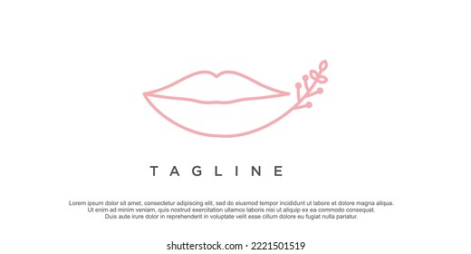 Lineart lips logo design with leaf element illustration