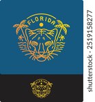 lineart logo panther head badge vector illustration with summer beach theme background in florida and palm trees. can be used for t-shirt design, hat, tourist merchandise