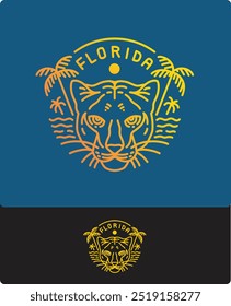 lineart logo panther head badge vector illustration with summer beach theme background in florida and palm trees. can be used for t-shirt design, hat, tourist merchandise