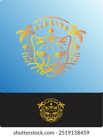 lineart logo panther head badge vector illustration with summer beach theme background in florida and palm trees. can be used for t-shirt design, hat, tourist merchandise