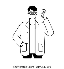 Lineart male character in glasses showing OK sign. Expression of approval with positive okay gesture. Man in eyeglasses. Contoured outline flat vector illustration isolated on white background