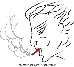 Lineart of a man smoking red tobacco in his mouth set isolated on white background viewed from the side, vector, color drawing or illustration.