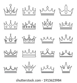 Lineart medieval royal crown queen monarch lord king outline icons set isolated vector illustration