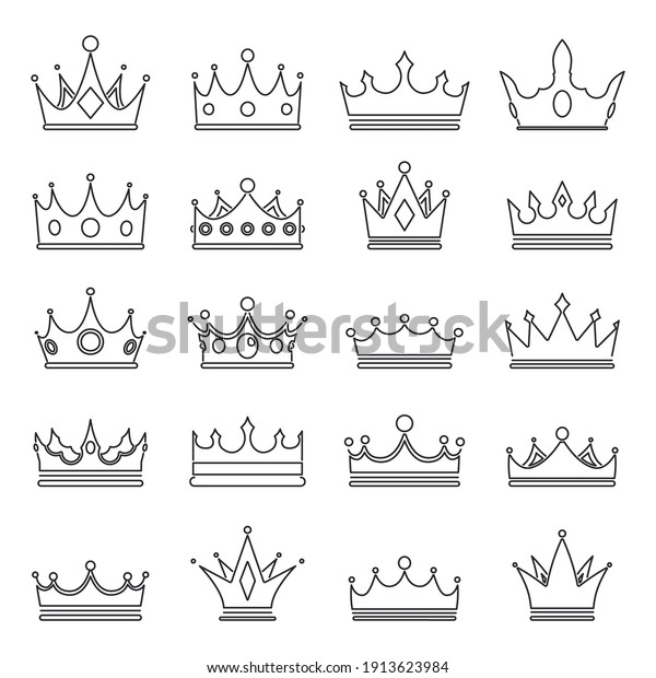 Lineart medieval royal crown\
queen monarch lord king outline icons set isolated vector\
illustration