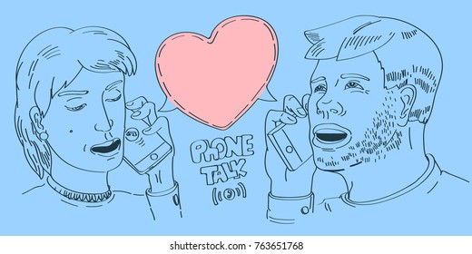 lineart minimalistic style illustration with young couple talking mobile phone