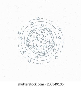 Lineart moon symbol, space theme label, logo mark. 