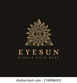 Lineart Mystical eye and sun logo icon vector template on black background, vision logo
