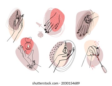 Lineart nails set vector illustration with hands and manicure, graceful fingers against the background of trend graphics. Design for advertising creatives, packaging and logos