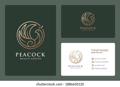 lineart peacock logo design with business card for beauty salon, spa, wellness, meditaion, massage.