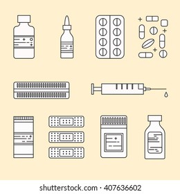 Lineart pharmacy black and white icons.